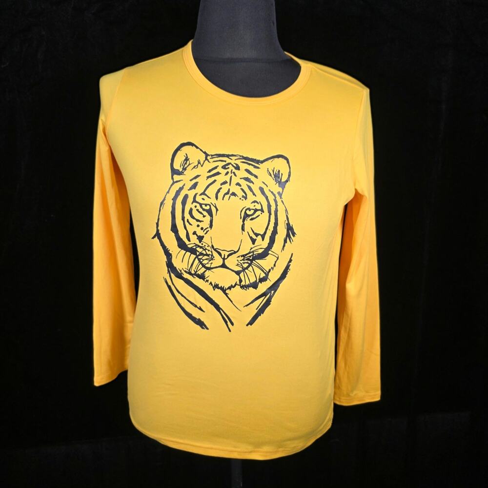 Bright Yellow Long Sleeve Polyester T-Shirt Large Tiger Graphic on Front No Tags